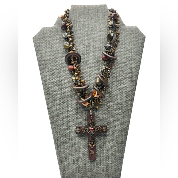 Vintage Jewelry - Vintage Rustic Boho Cross Statement Necklace Tiger Eye